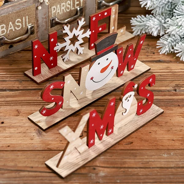 Wooden Freestanding Letters Sign Santa Claus Snowman Snowflakes Christmas Party Home Decorations Desk Xmas Table Gift