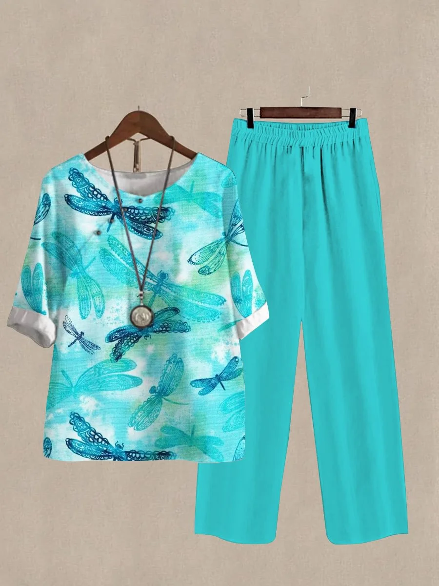 Women's Dragonfly Print Half Sleeve Top And Casual Pants Two Pieces