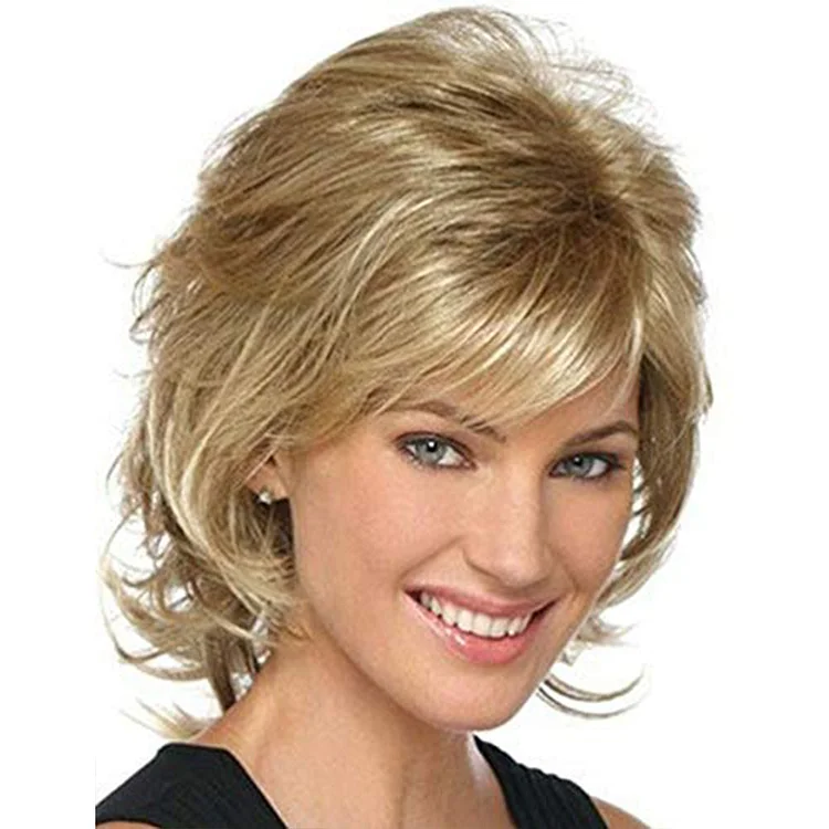 Short Mixed Blonde Curly with Bangs Natural Wigs