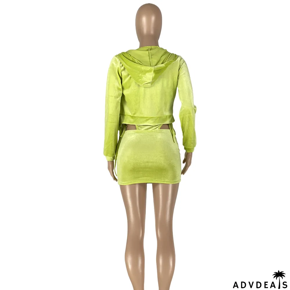 Solid Color Tube Tops+Velvet Coat+Mini Skirt 3 Piece Set