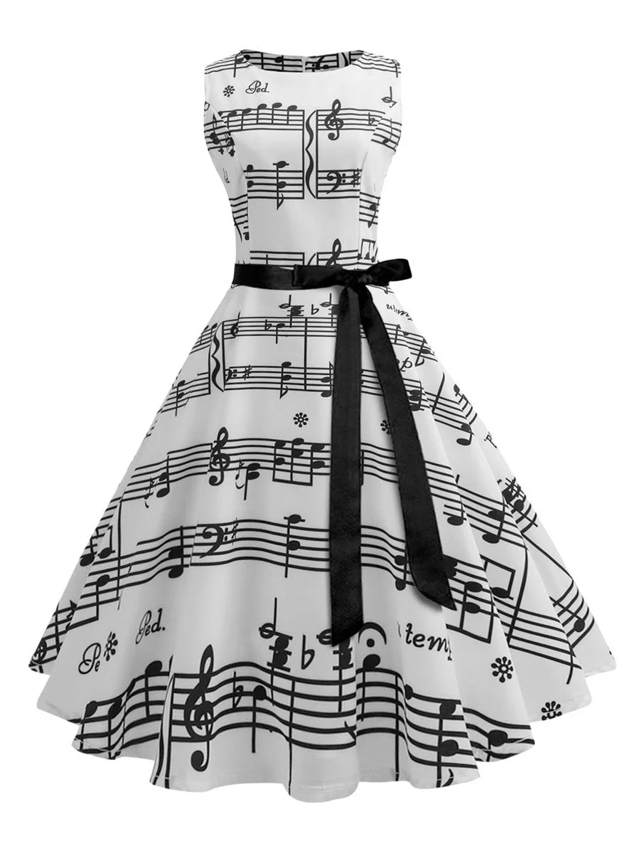 1950s Dress A-Line Sleeveless O-Neck Dress With Musical Note Pattern