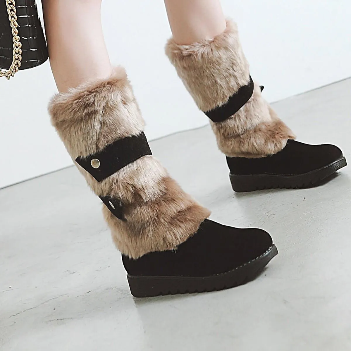 VCSHOES Fur Flat Suede Mid Calf Boots