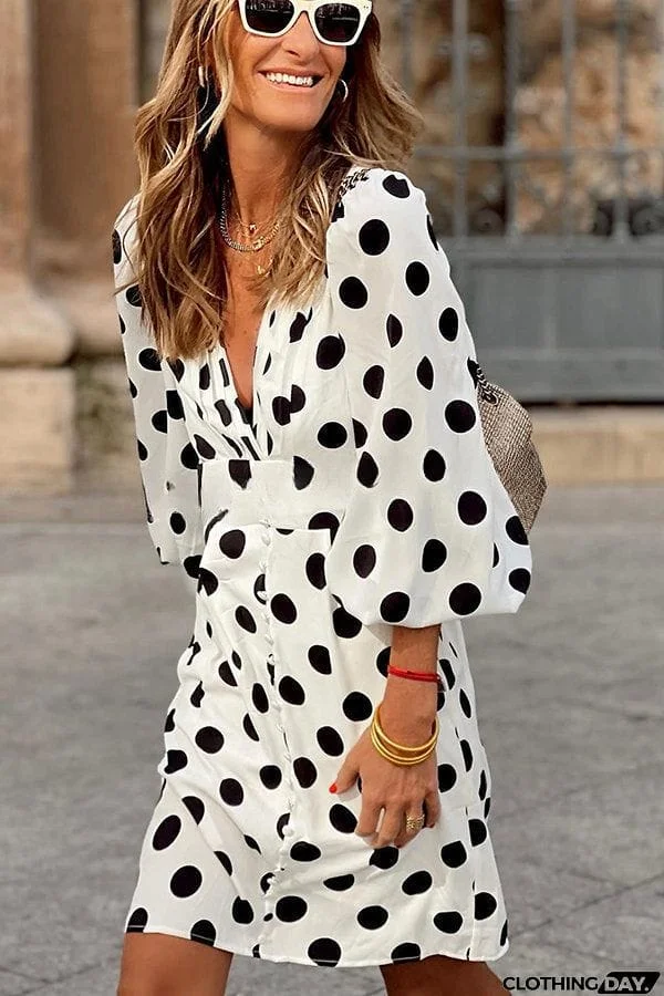 Always The One Polka Dot Button Puff Sleeve Mini Dress
