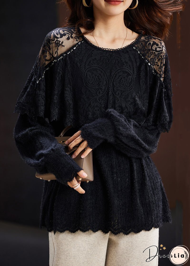 New Black Hollow Out Lace Patchwork Knit Tops Long Sleeve