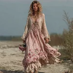 Vintage Pink Roses Flowy Linen Maxi Dress - Image 2