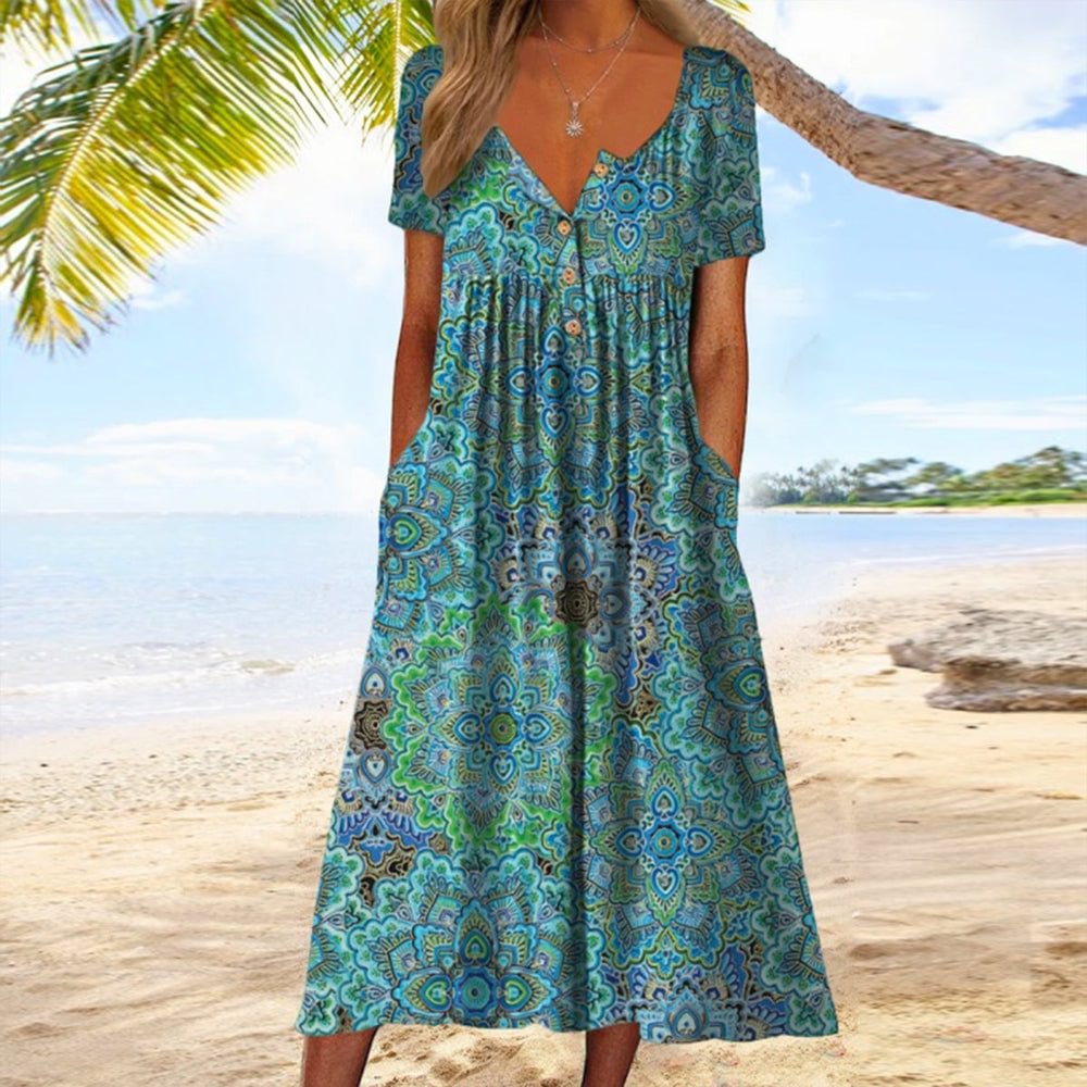 Green Short Sleeve Print Midi Dress