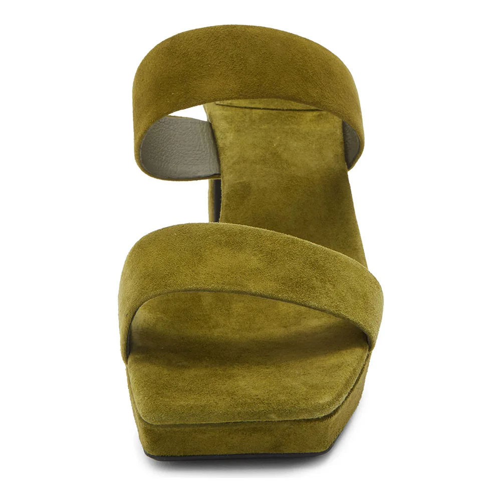 Olive Open Square Toe Chunky Heel Platform Two Strap Mules for Women 