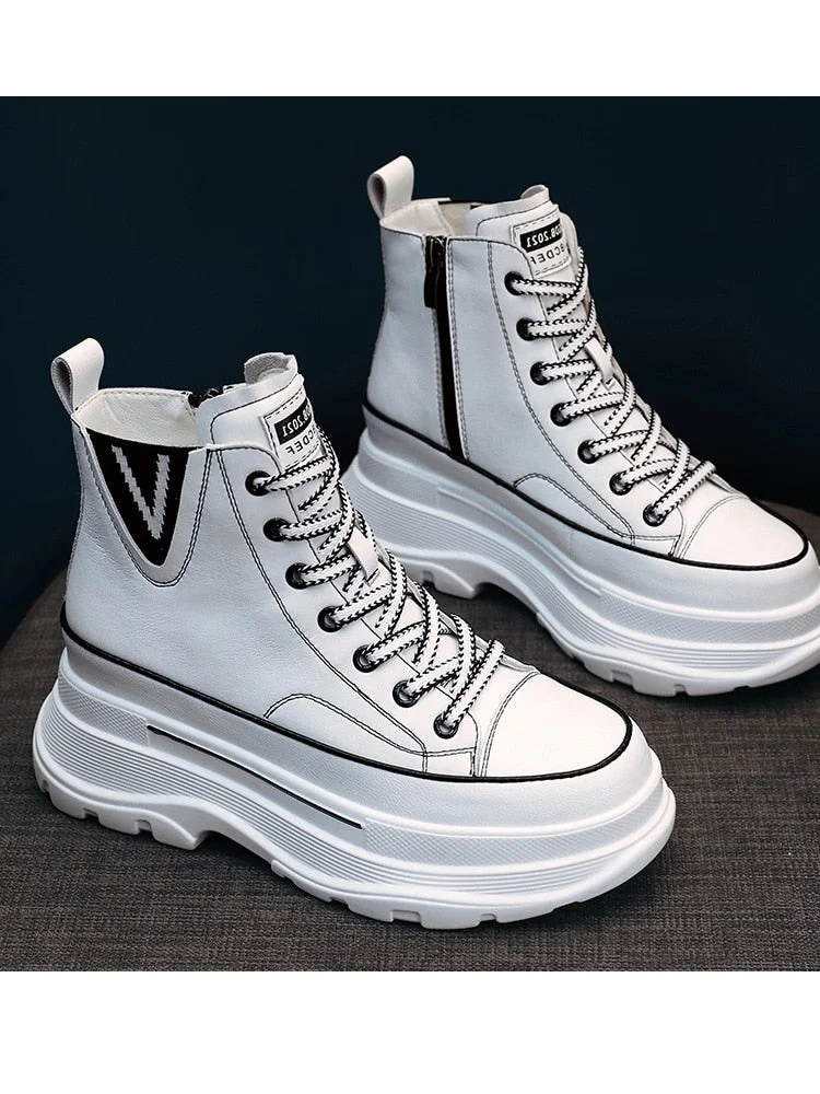 Fujin 7cm Platform Wedge Sneakers Chunky Shoes Genuine Leather High Top Shoes Sneakers Women Ankle Boots Spring Autumn