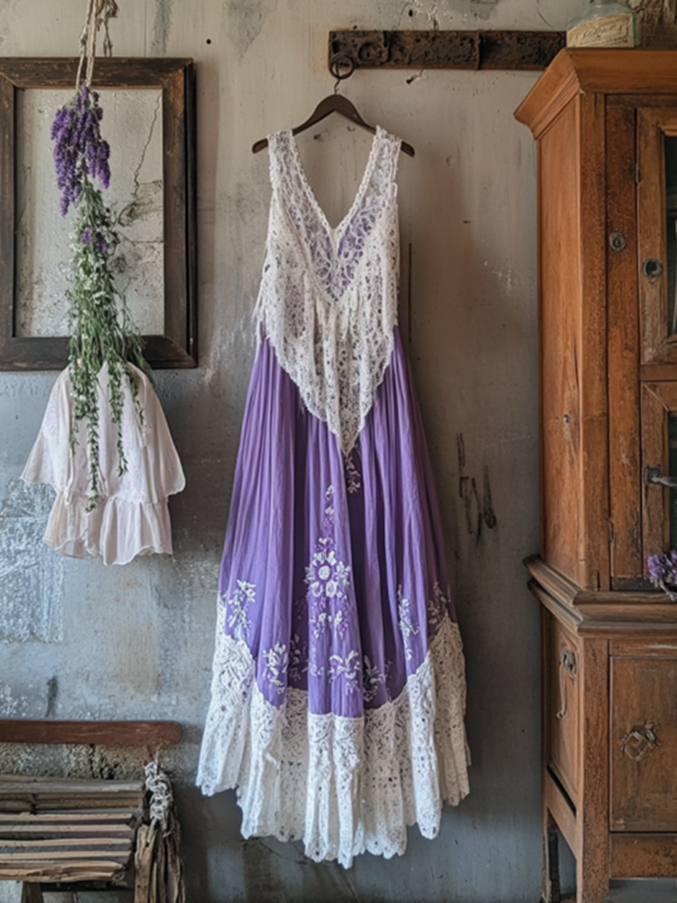 Boho Lavender Embroidered Gradient Lace Patchwork Linen Dress