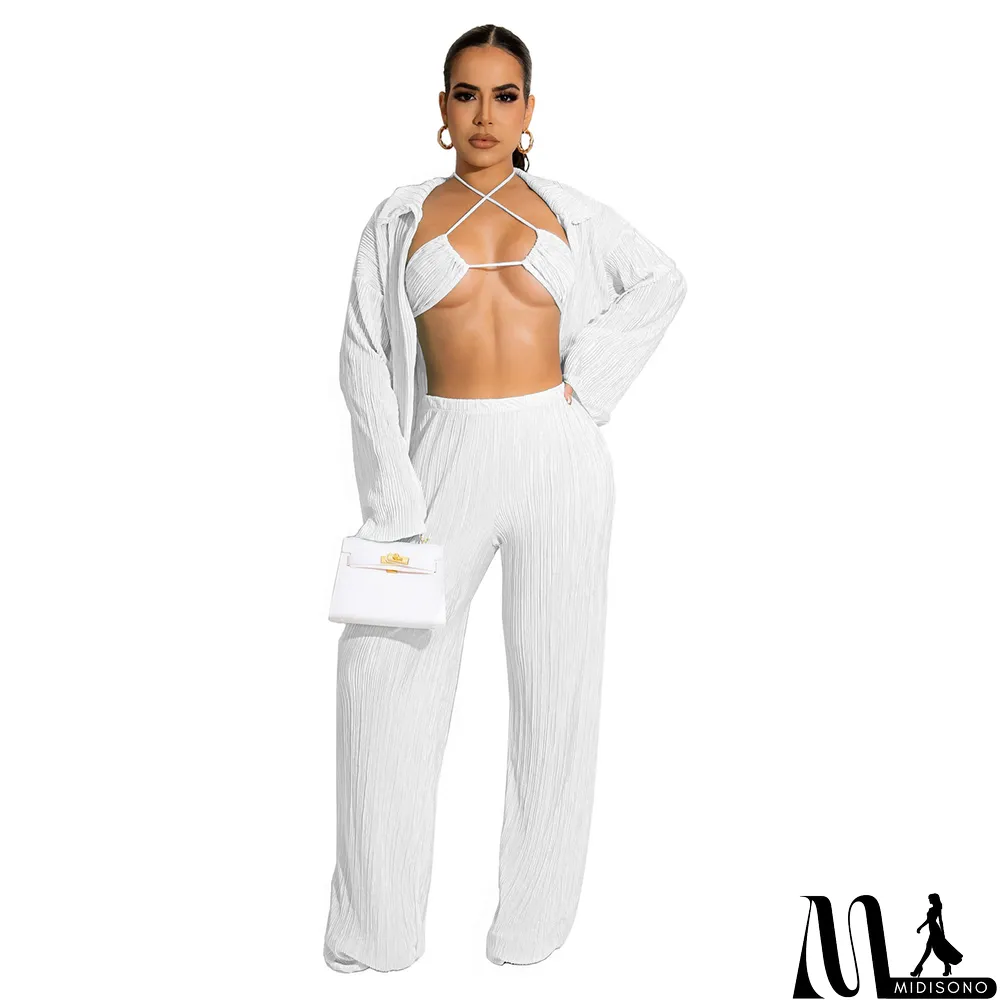 MidiSono - Fall Solid Color Wide Leg Pants Three-Piece Set