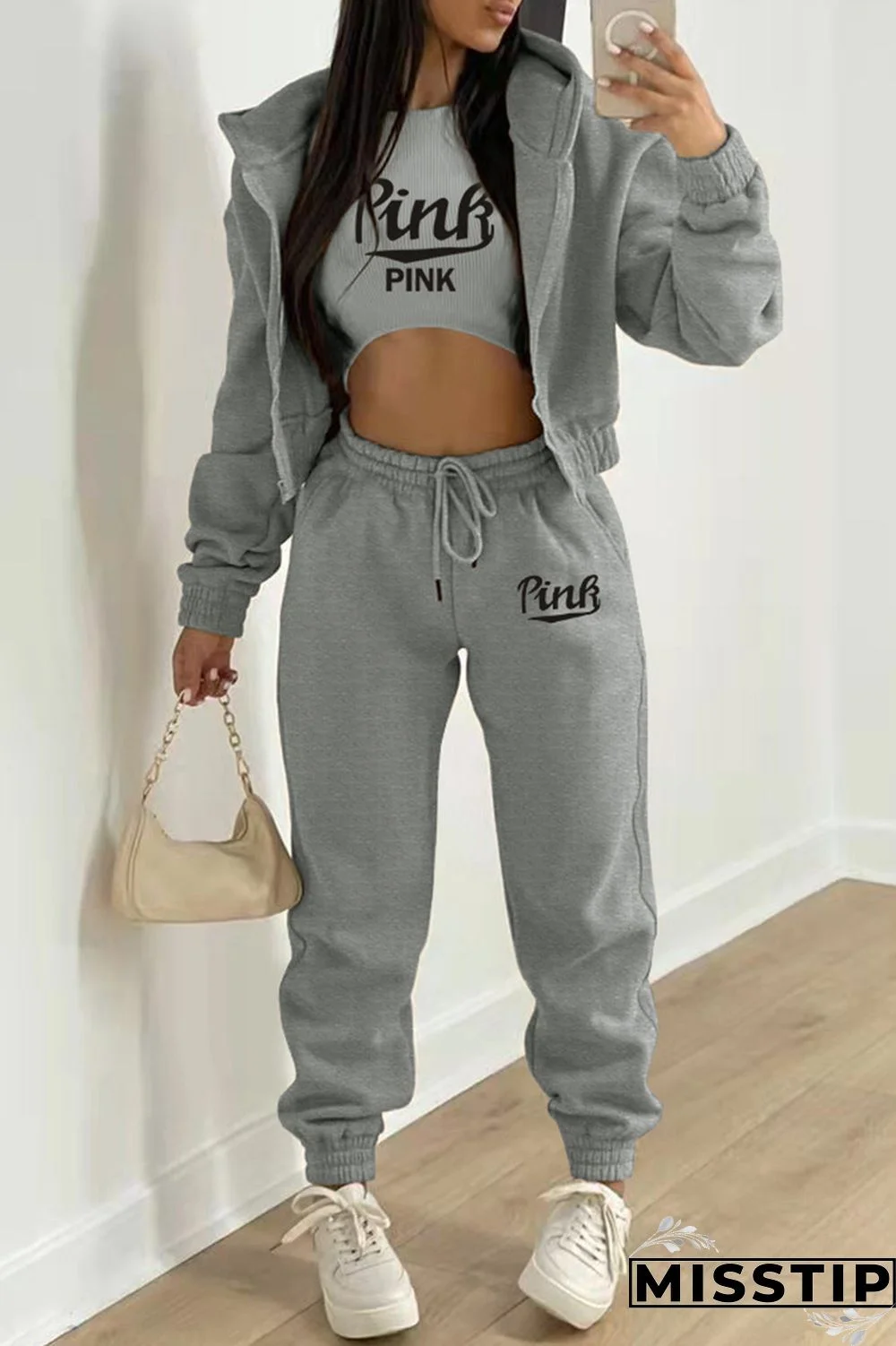 Burgundy Fashion Casual Letter Print Cardigan Vests Pants Hooded Collar Long Sleeve Three-piece Set