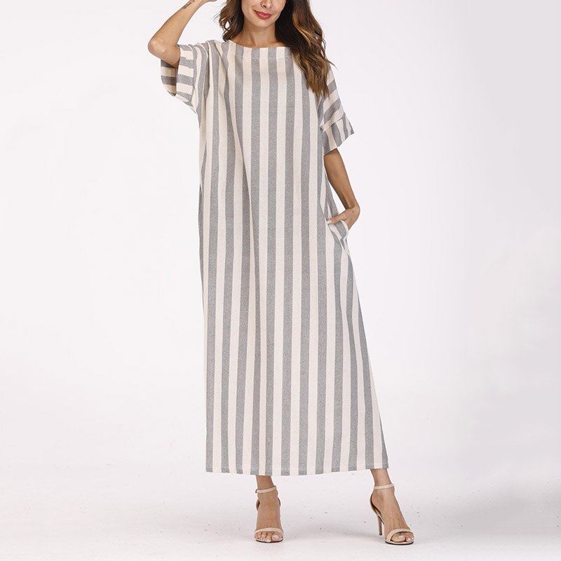 Plus Size Boho Striped Maxi Dresses For Women Summer 2021 Baggy Short Sleeve Ladies Casual Kaftan Cotton Linen Dress Robe Jurken