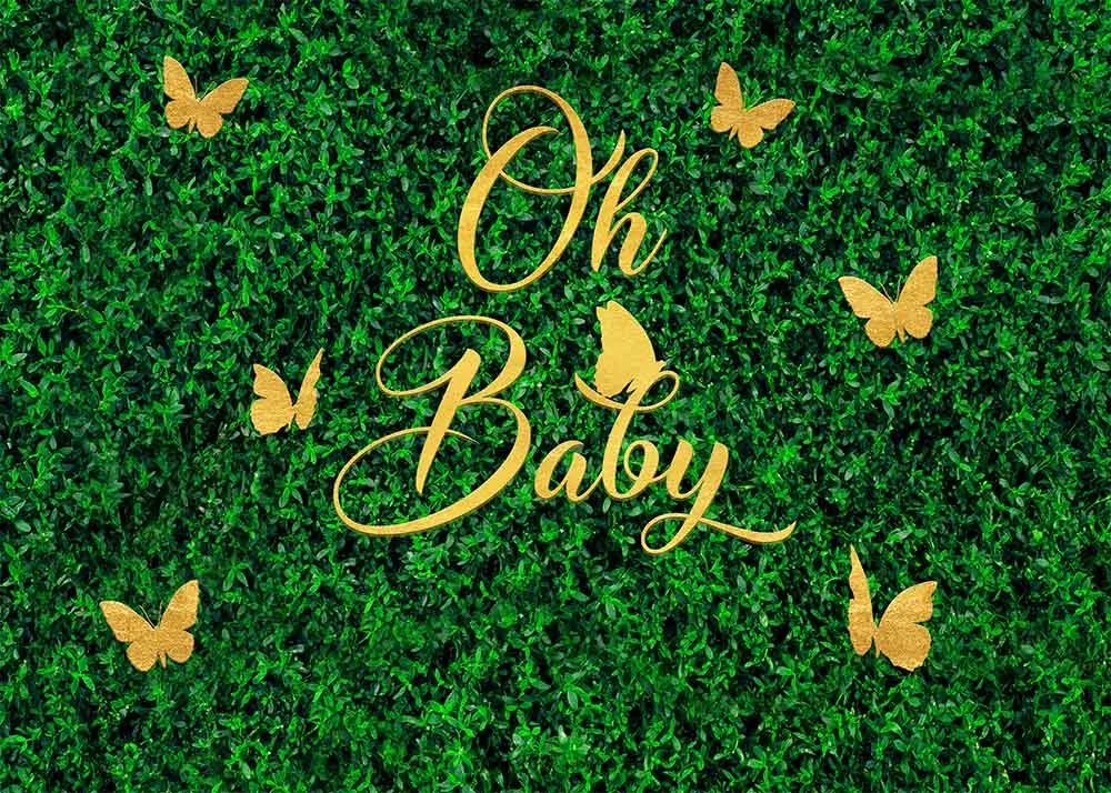 Green Grass And Golden Butterflies Oh Baby Shower Backdrop RedBirdParty