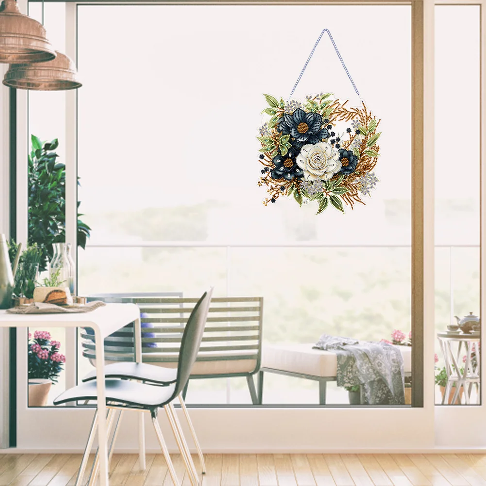 DIY Flower Acrylic Special Shaped+Round Diamond Painting Wreath Ornament for Xmas Wall Decor