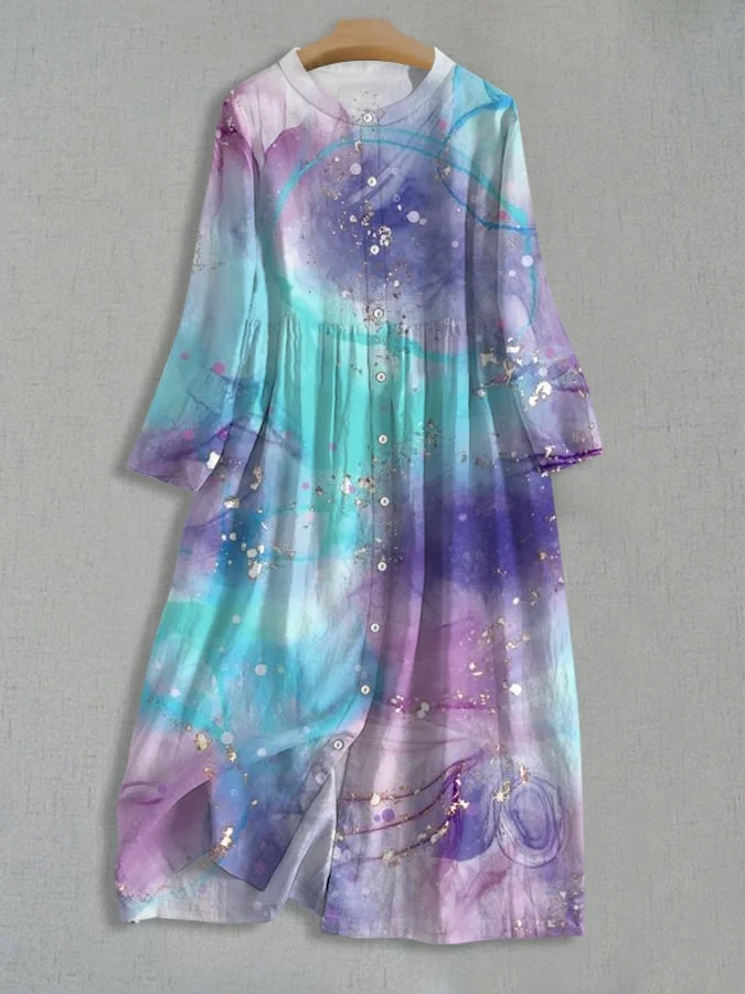 Women's Vintage Ink Painting Design Single Breasted Dress