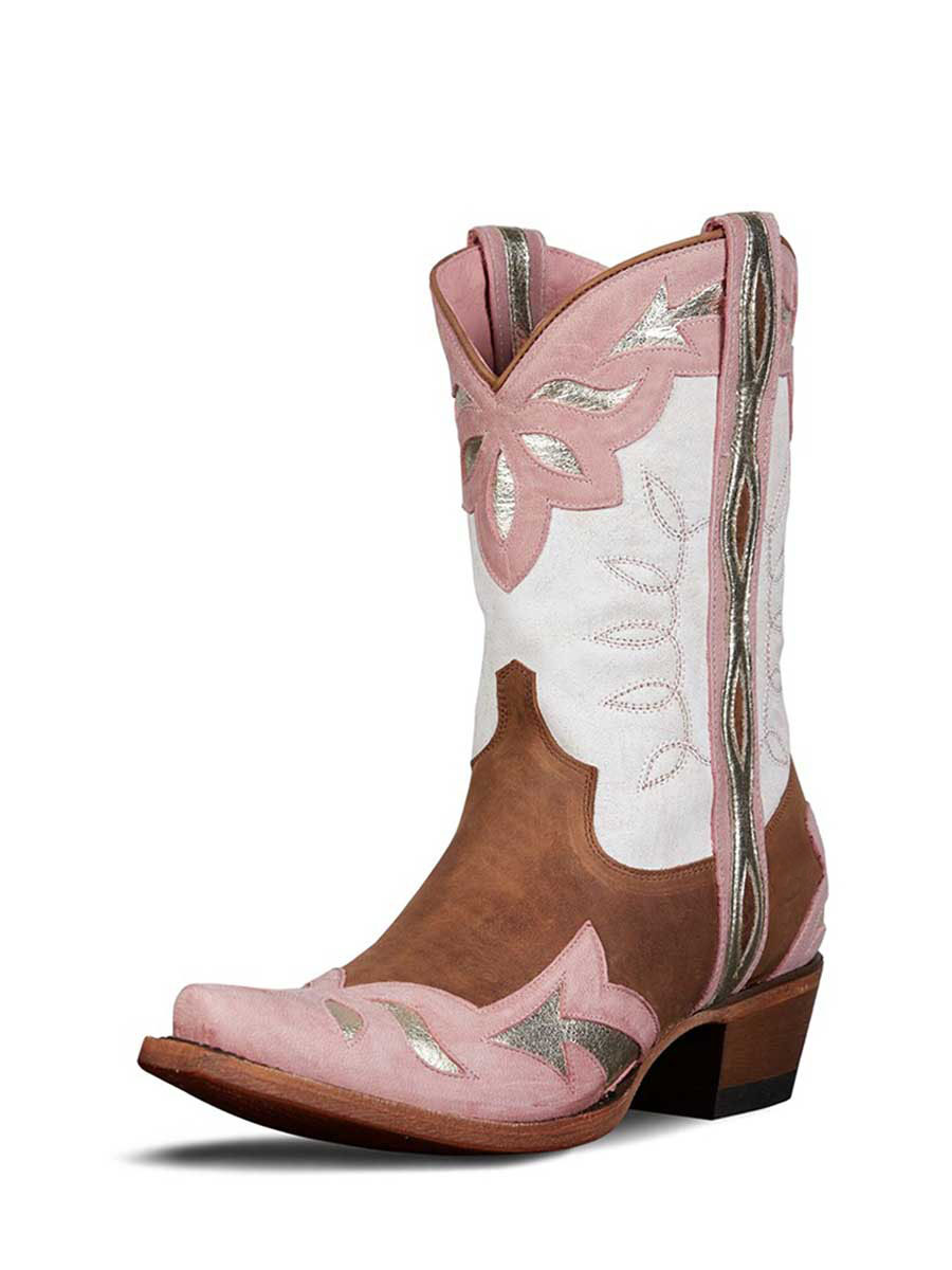 Women's Pink and Brown Vegan Leather Snip Toe Patch-Work Western Boots
