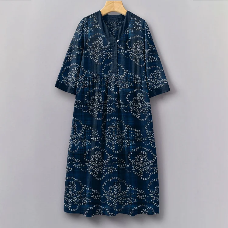 Japanese Traditional Sashiko Art Pattern V-Neck Long Sleeves Dress