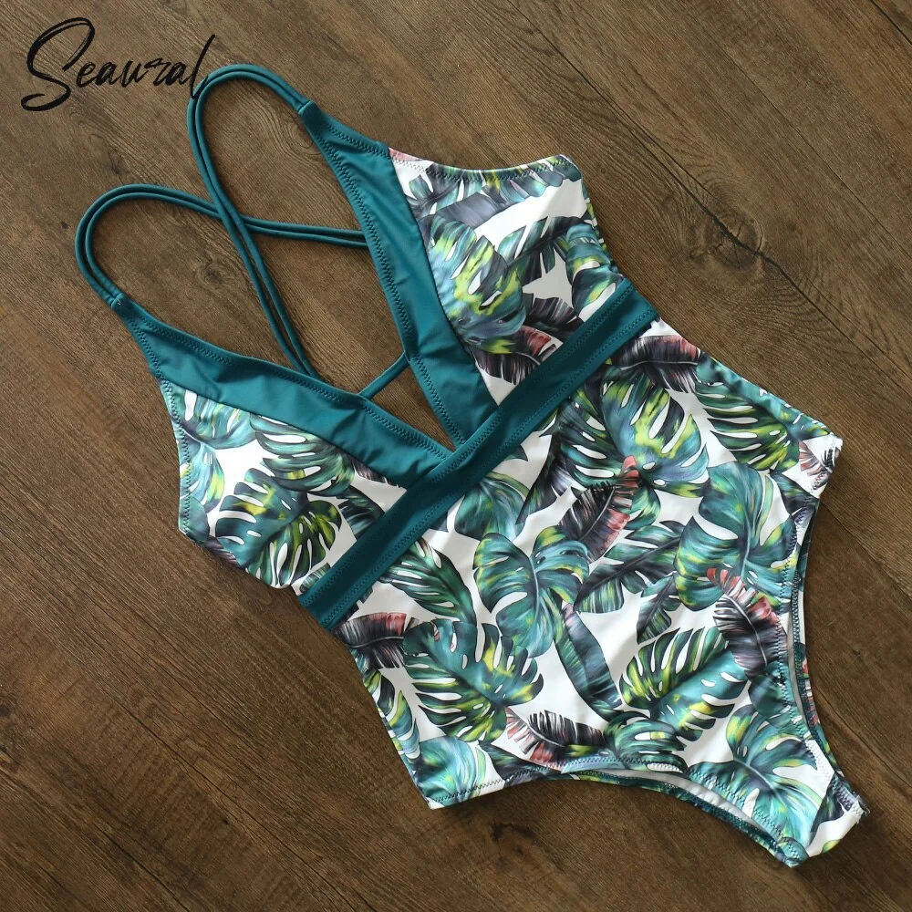 Green In The Forest 2020 One-piece Swimsuit Women Deep V neck Back Cutout Ruffle Monokini Summer Bathing Suit Swimwear Monokini