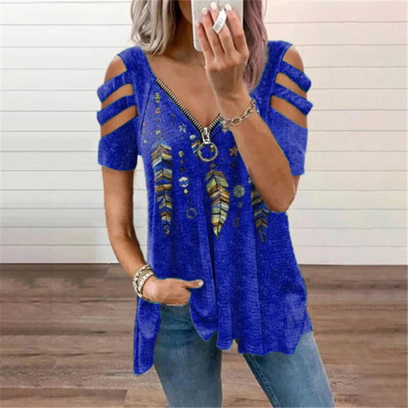 Uveng Collar Leisure Zipper Pullover Print Short Sleeve Loose T-shirt Top