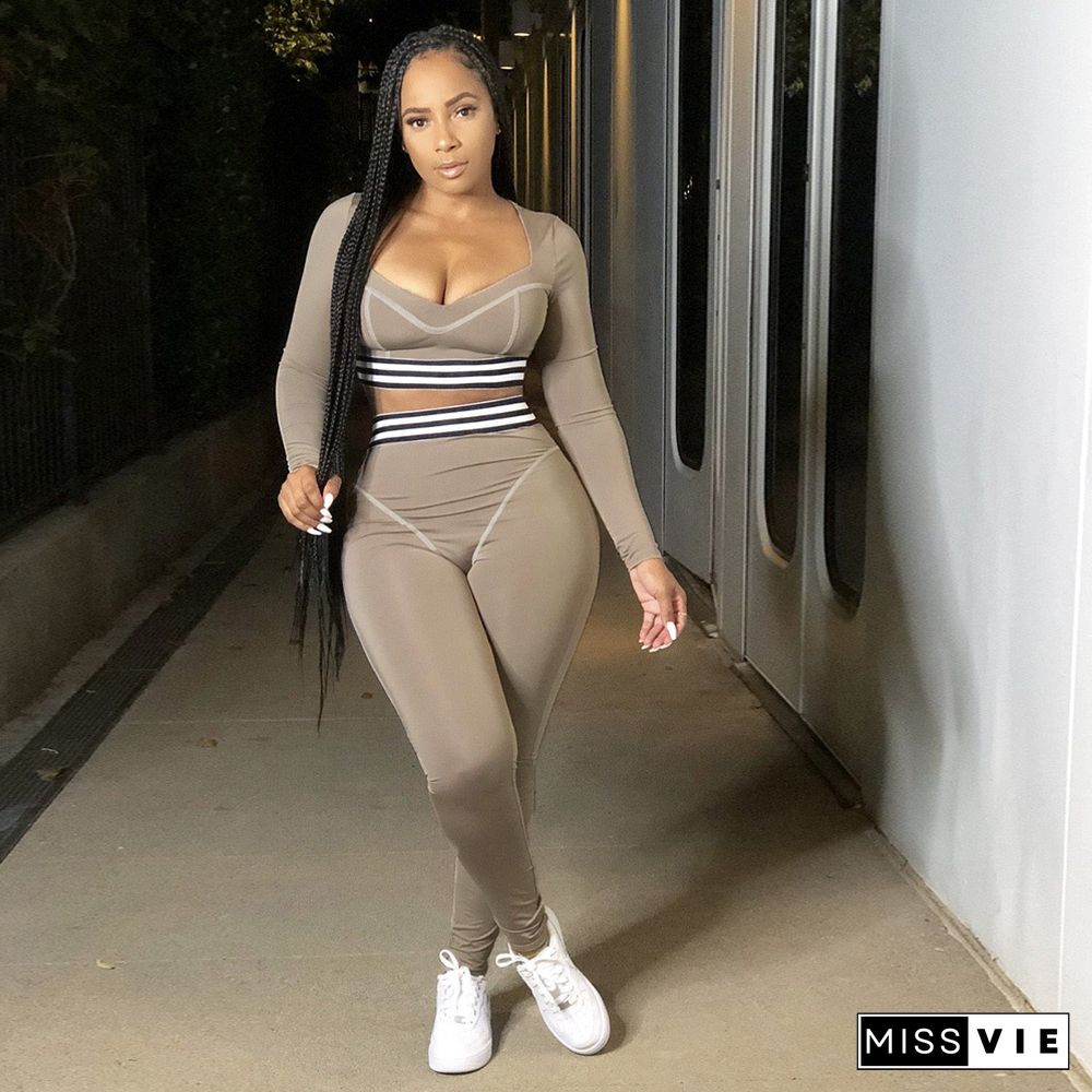 V-neck Stripe Long Sleeve Crop Top Tight Sport Suit