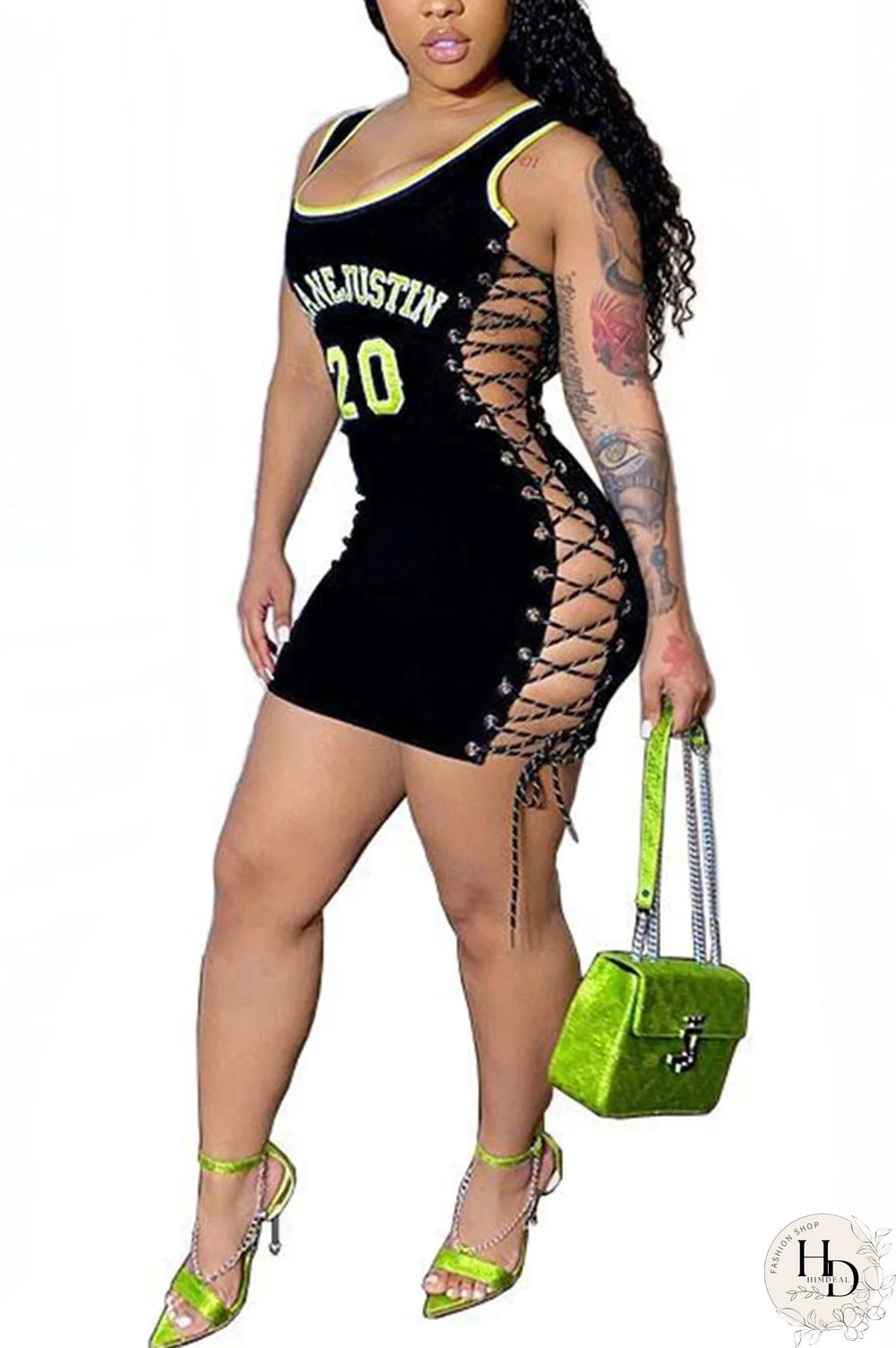 White Sexy Patchwork Character Print Bandage Hollowed Out O Neck Step Skirt Dresses