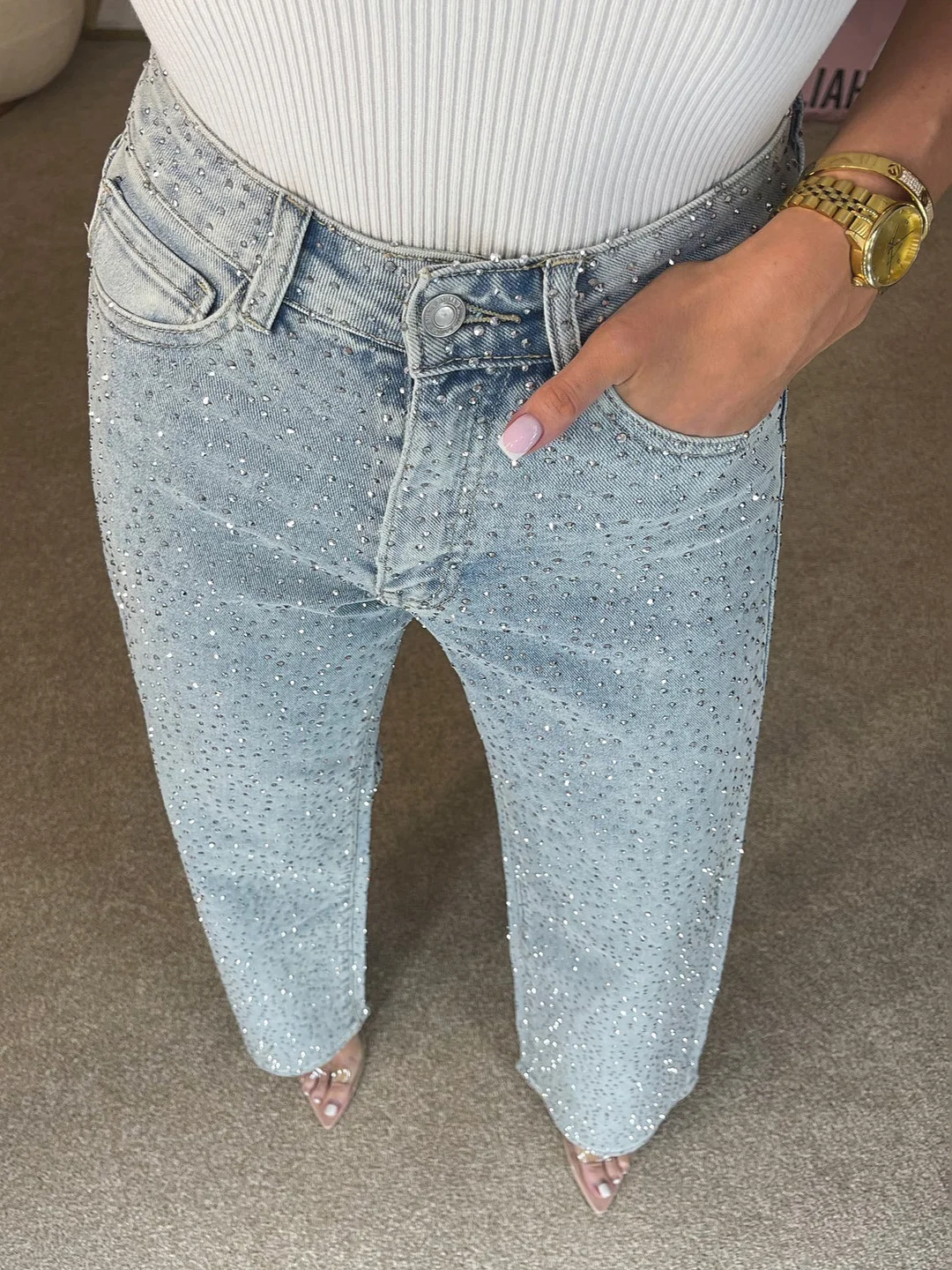 Athvotar Athvotar Industry Full Of Diamond Water Wash Jeans Women Senior Sense Low-Rise Straight Trousers Personality Hottie High Street Trousers