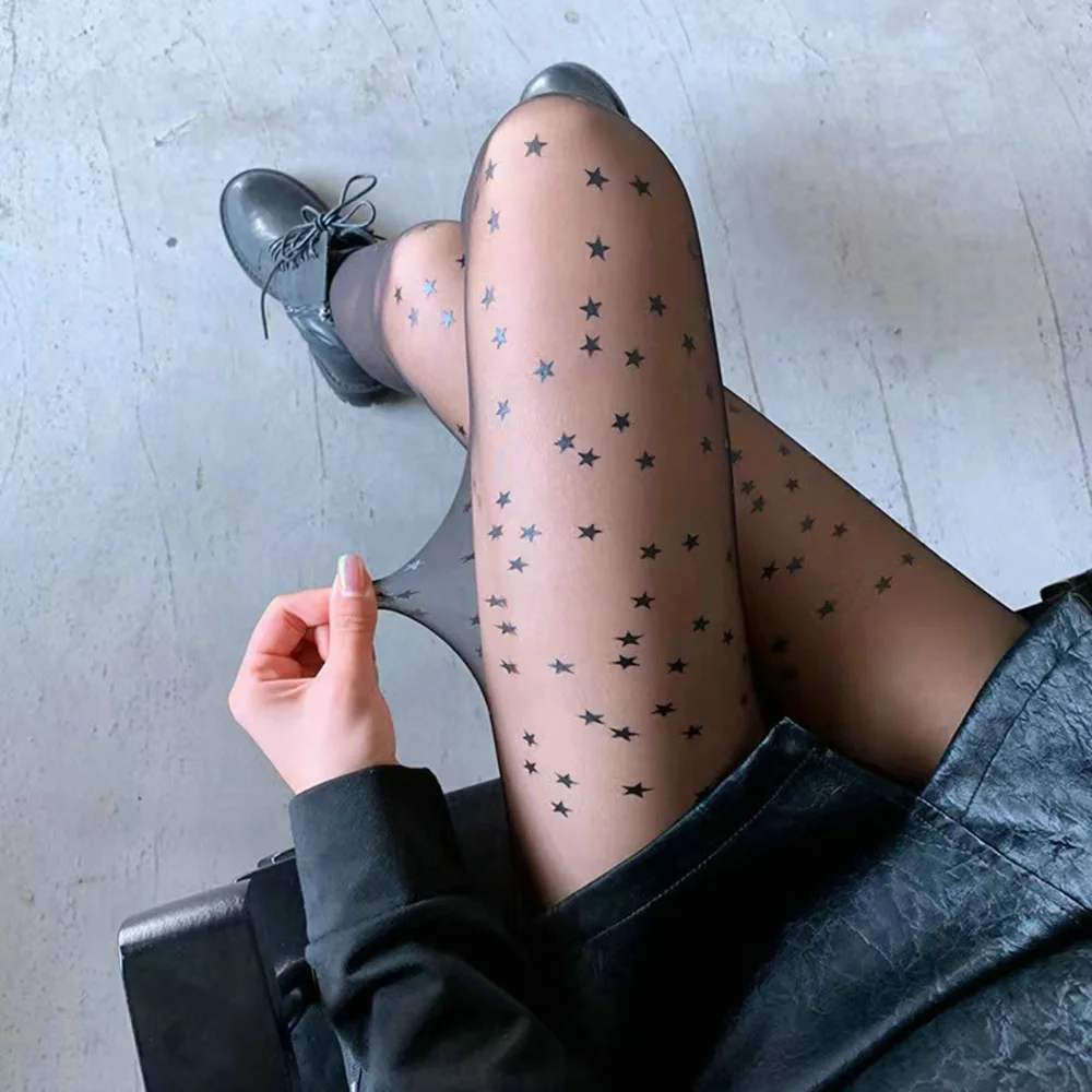 Billionm Spring Summer Starry Star Printed Women Tights For Girls Black Sexy Pantyhose Transparent Mesh Thin High Elastic Stockings