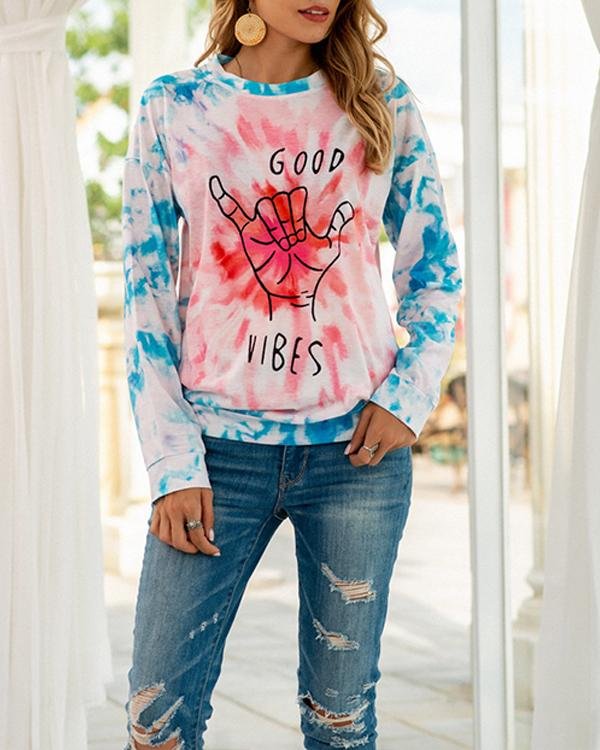 Crew Neck Letter Print Tie-dye Loose T-shirt