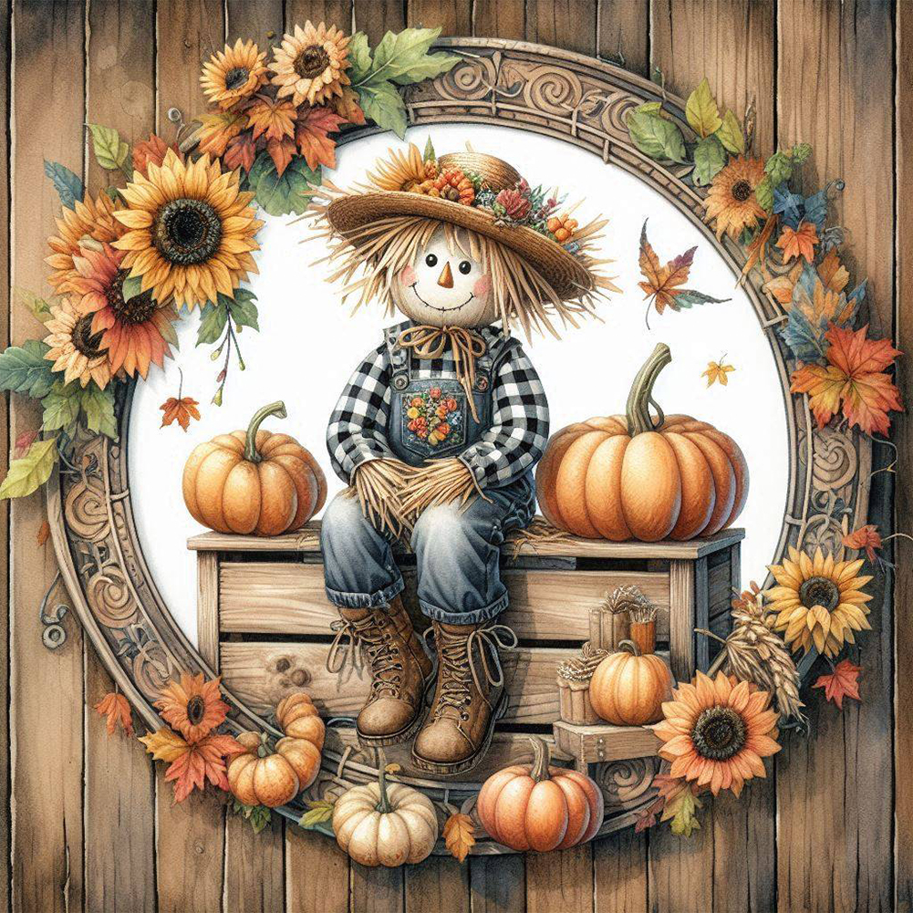 Pumpkin Sunflower And Scarecrow Full Round Diamond Painting 40*40CM