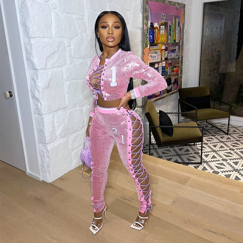 ANJAMANOR Sexy Bling Sequin Two Piece Set Club Outfits for Women Cut Out Lace Up Bandage Pants Crop Top Matching Sets D57-HH42