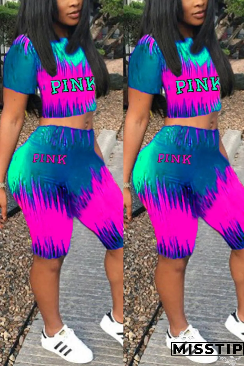 Pink Fashion Casual Sportswear Short Sleeve O Neck Regular Sleeve Short Print Two Pieces