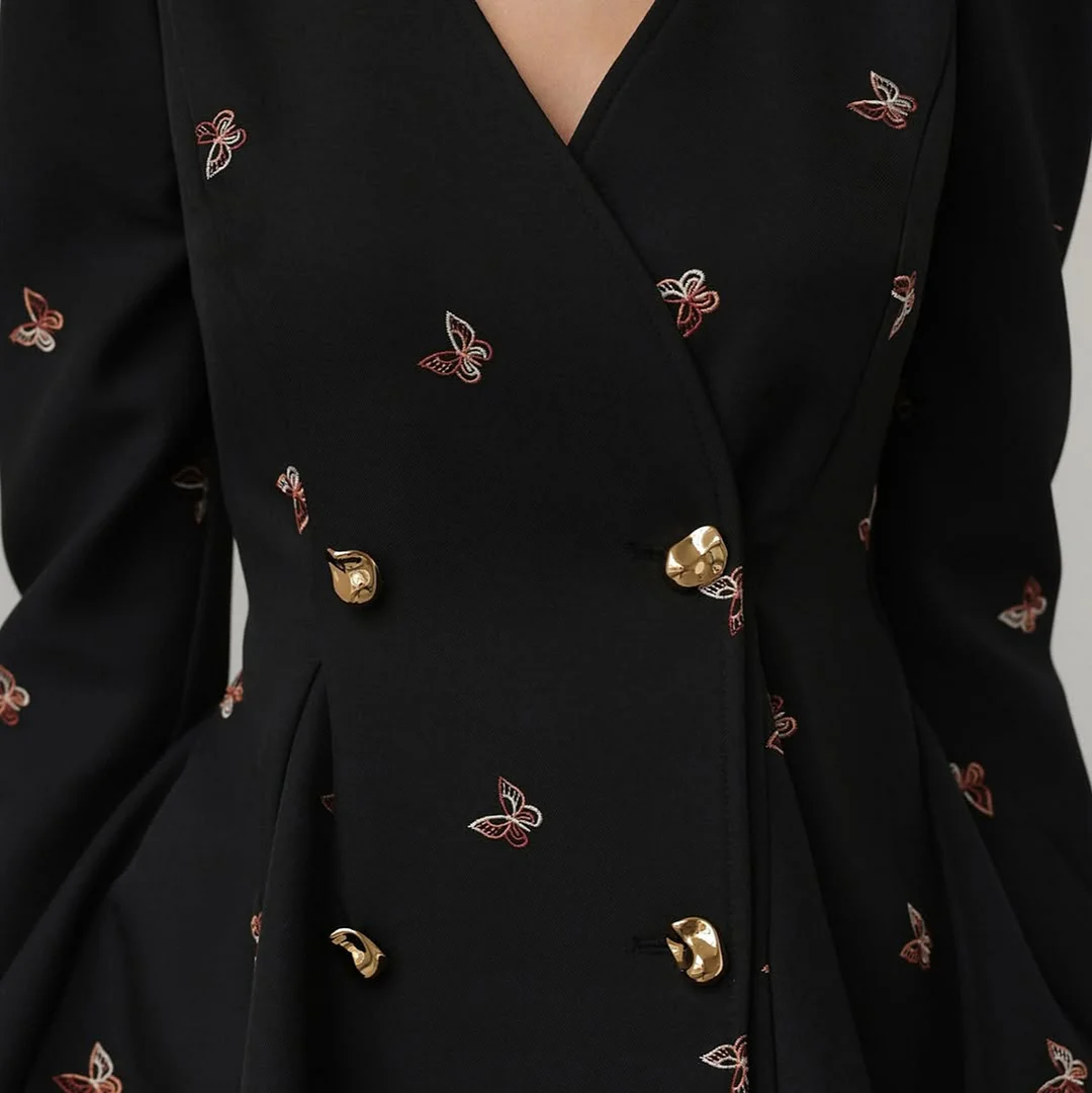 Athvotar Athvotar Fashion Ballet Elements Design Floral Thorn Dress Dress Women's High-End Butterfly Embroidery V-Neck Long Sleeve