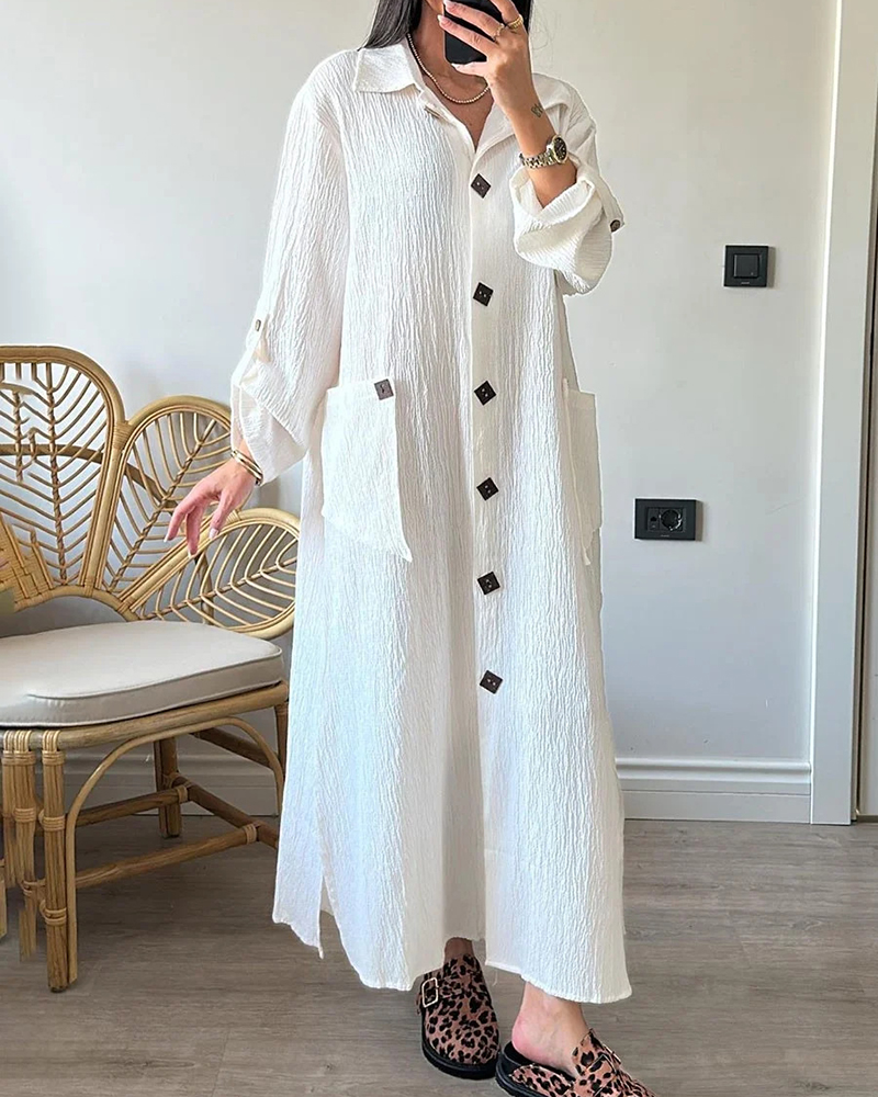 Shirt Collar Single Breasted Long Sleeve Side Pockets Loose Maxi Dress