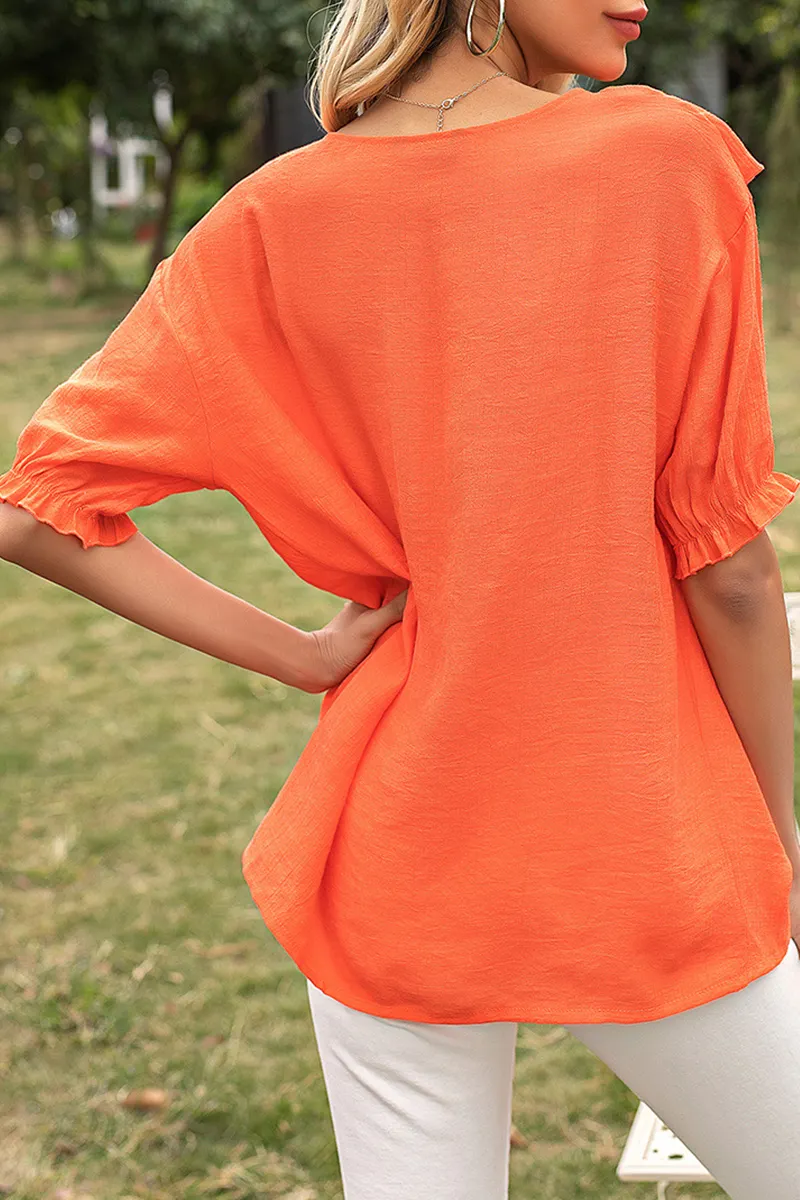 Elegant Solid Split Joint Flounce O Neck T-Shirts