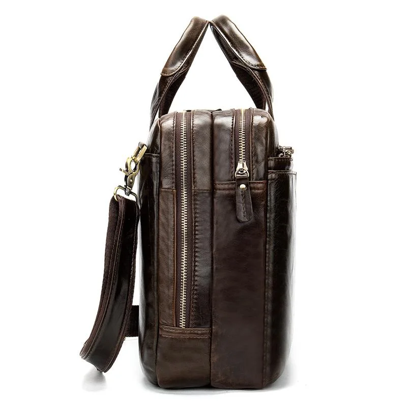 Men&rsquo;S Genuine Leather Antiqued Brass Hardware Top-Handled Detachable Laptop Bag