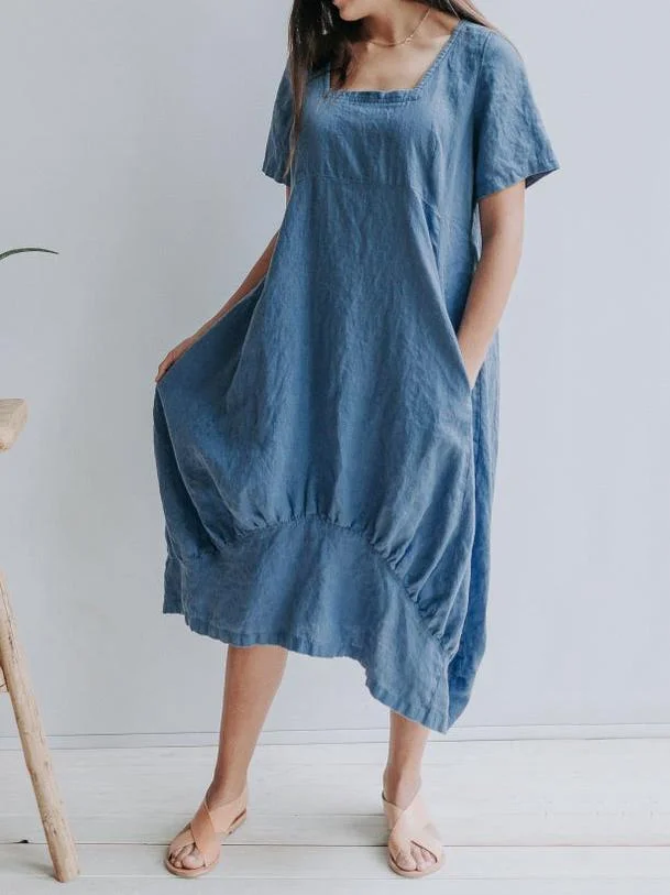 Vintage Cotton linen Short Sleeve Casual Dress