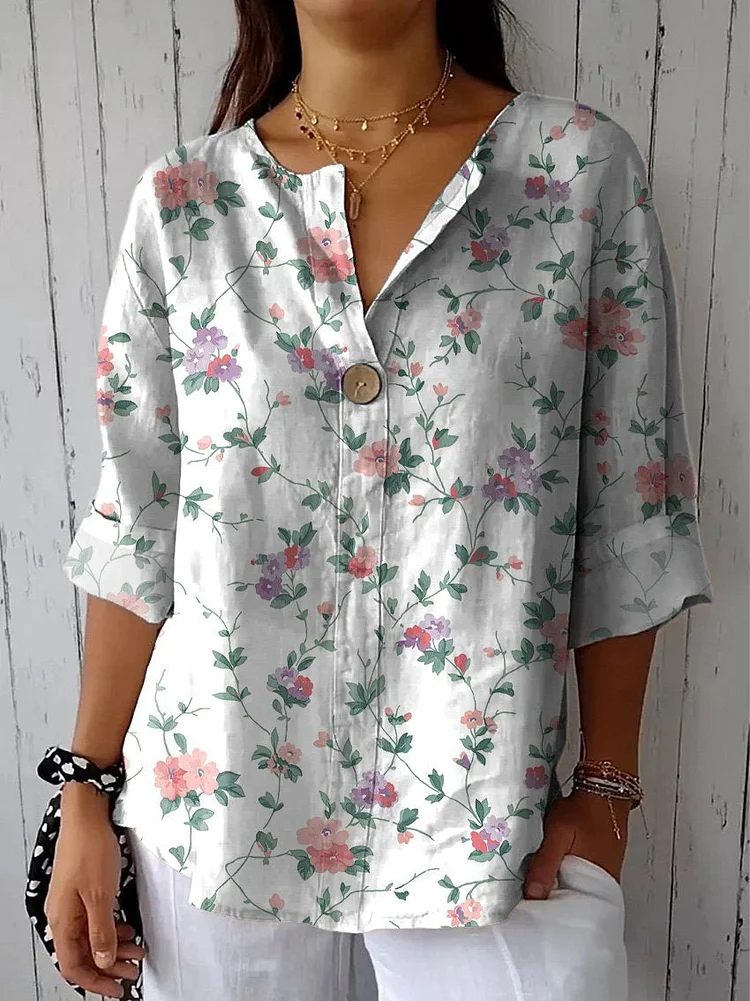 Spring Floral And Vine Pattern Printed Women's Casual Cotton Linen Shirt