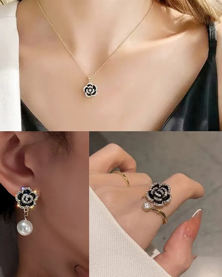 Black Camellia Jewelry Set for Women with Necklace Earrings and Ring