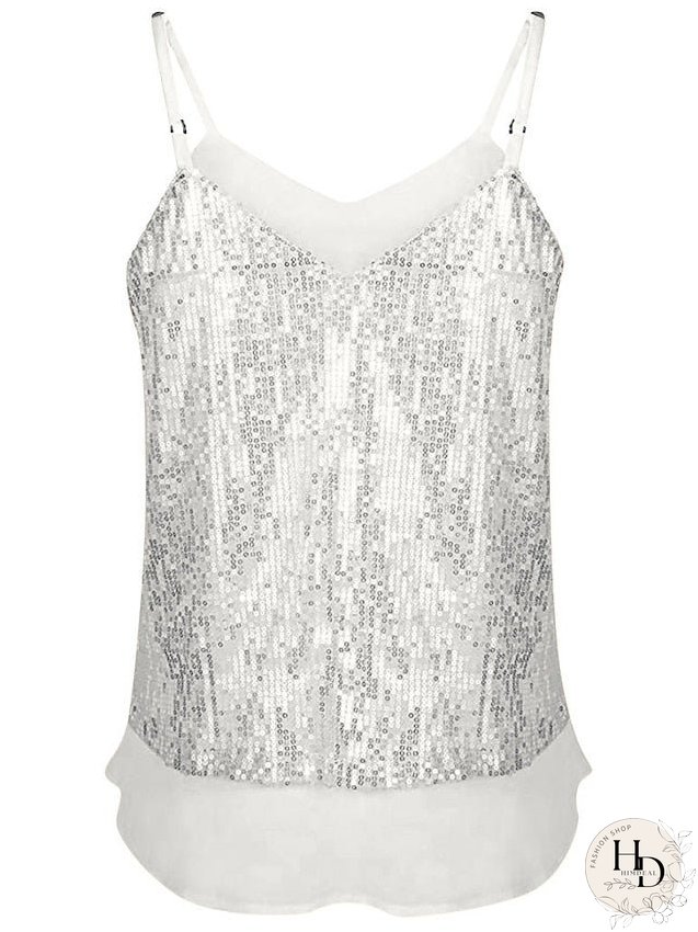 Camisole Tank Top Vest Black White Yellow Sparkly Sequins Layered Sleeveless Stage Streetwear Sexy V Neck Regular S for Women