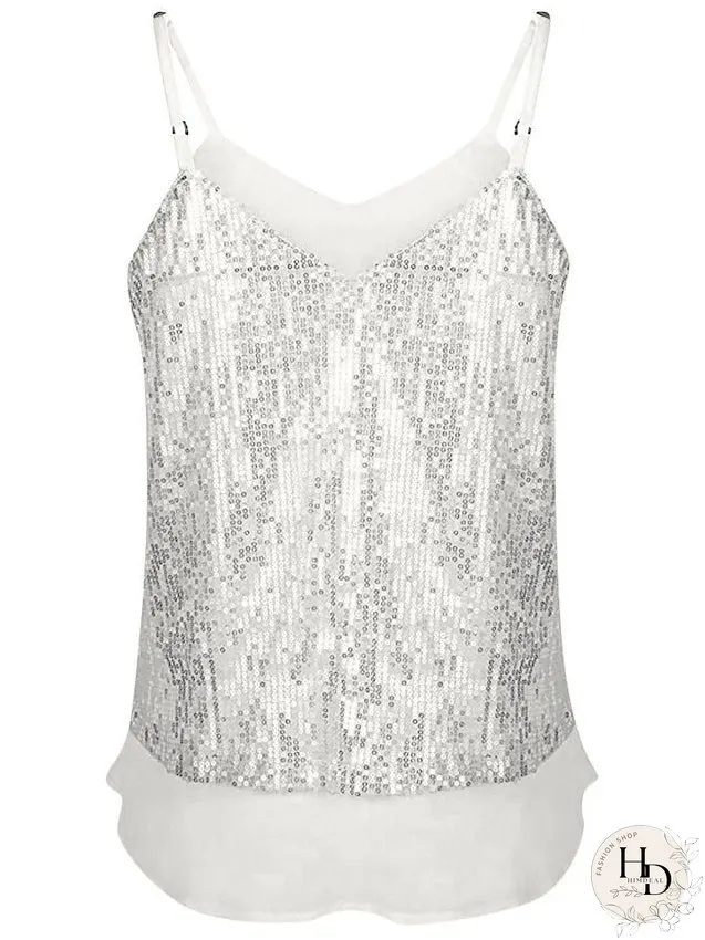 Camisole Tank Top Vest Black White Yellow Sparkly Sequins Layered Sleeveless Stage Streetwear Sexy V Neck Regular S for Women