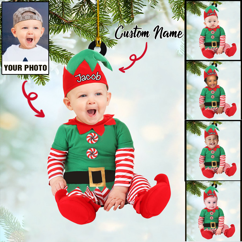 Custom Baby Elf Photo With Name for Merry Christmas Ornament 