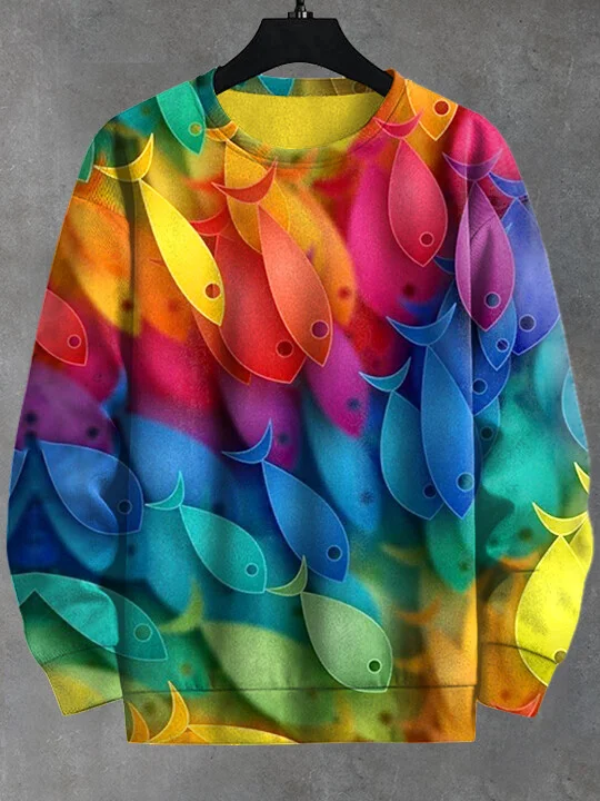 Men's Rainbow Abstract Cartoon Fish Print Casual Sweatshirt