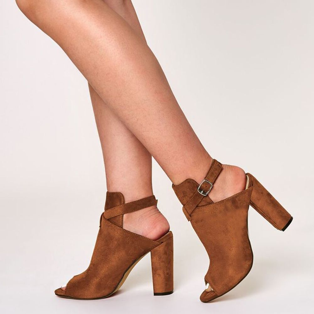 Brown Vegan Suede Peep Toe Chunky Heels Buckle Strap Slingback Shoes Nicepairs