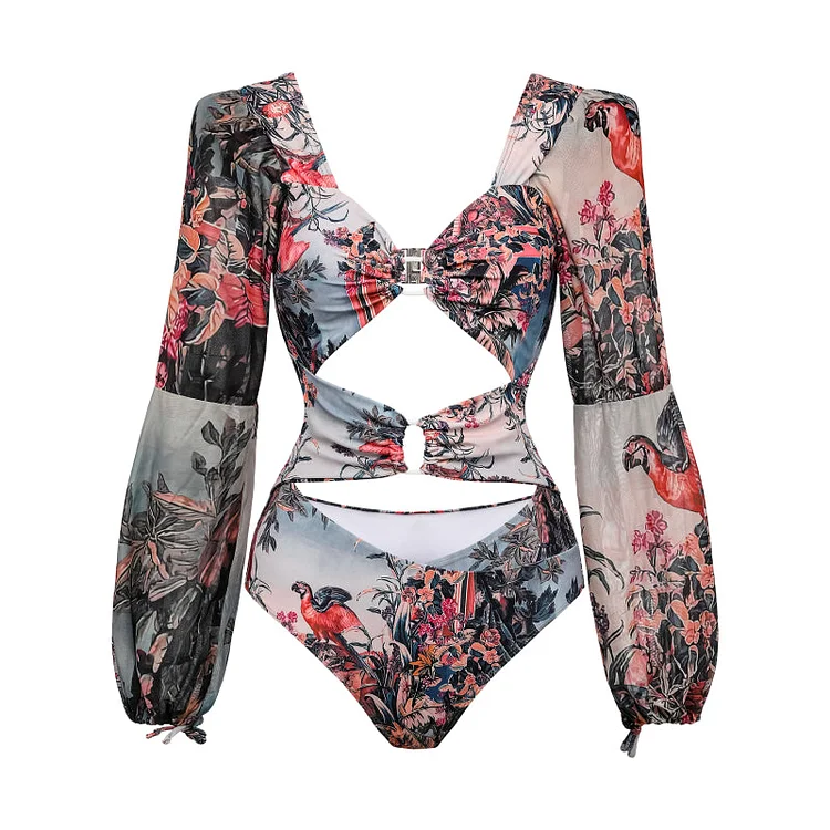 Long Sleeve Cutout Printed One Piece Swimsuit and Skirt/Pants Flaxmaker 