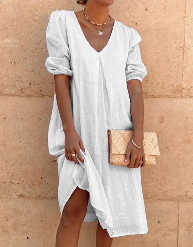 Cotton and Linen Half Sleeve Casual Midi Beach Tunic Dress VangoghDress