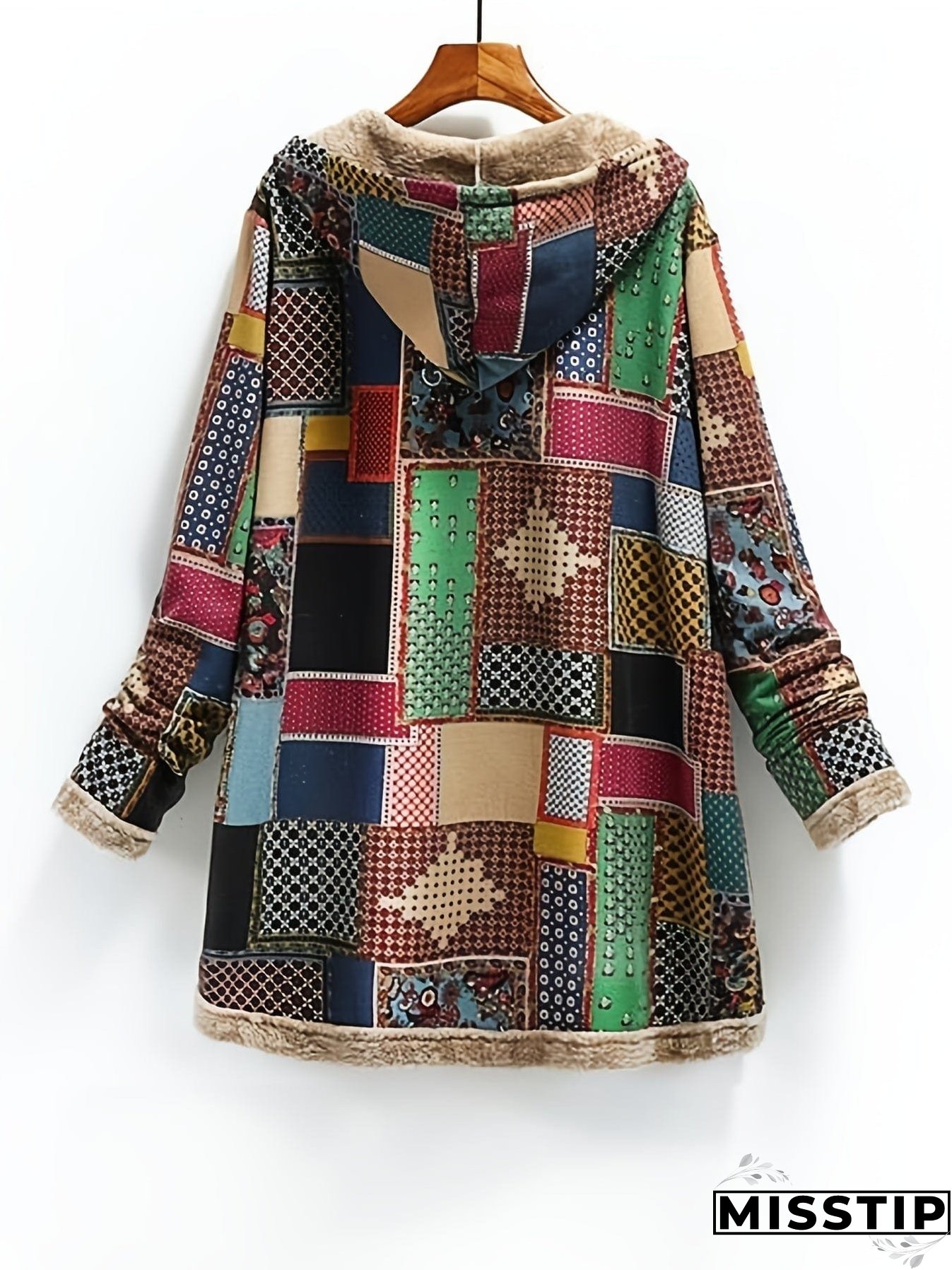 Vintage Patchwork Printed Long Sleeve Button-Up Hooded Coat