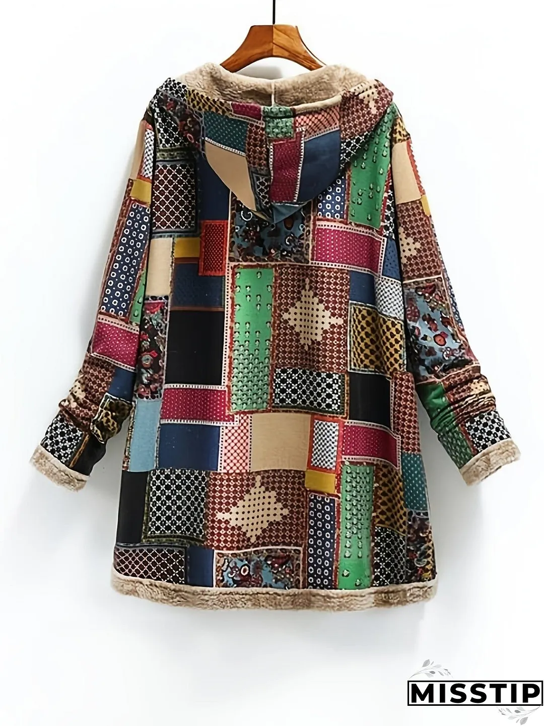 Vintage Patchwork Printed Long Sleeve Button-Up Hooded Coat