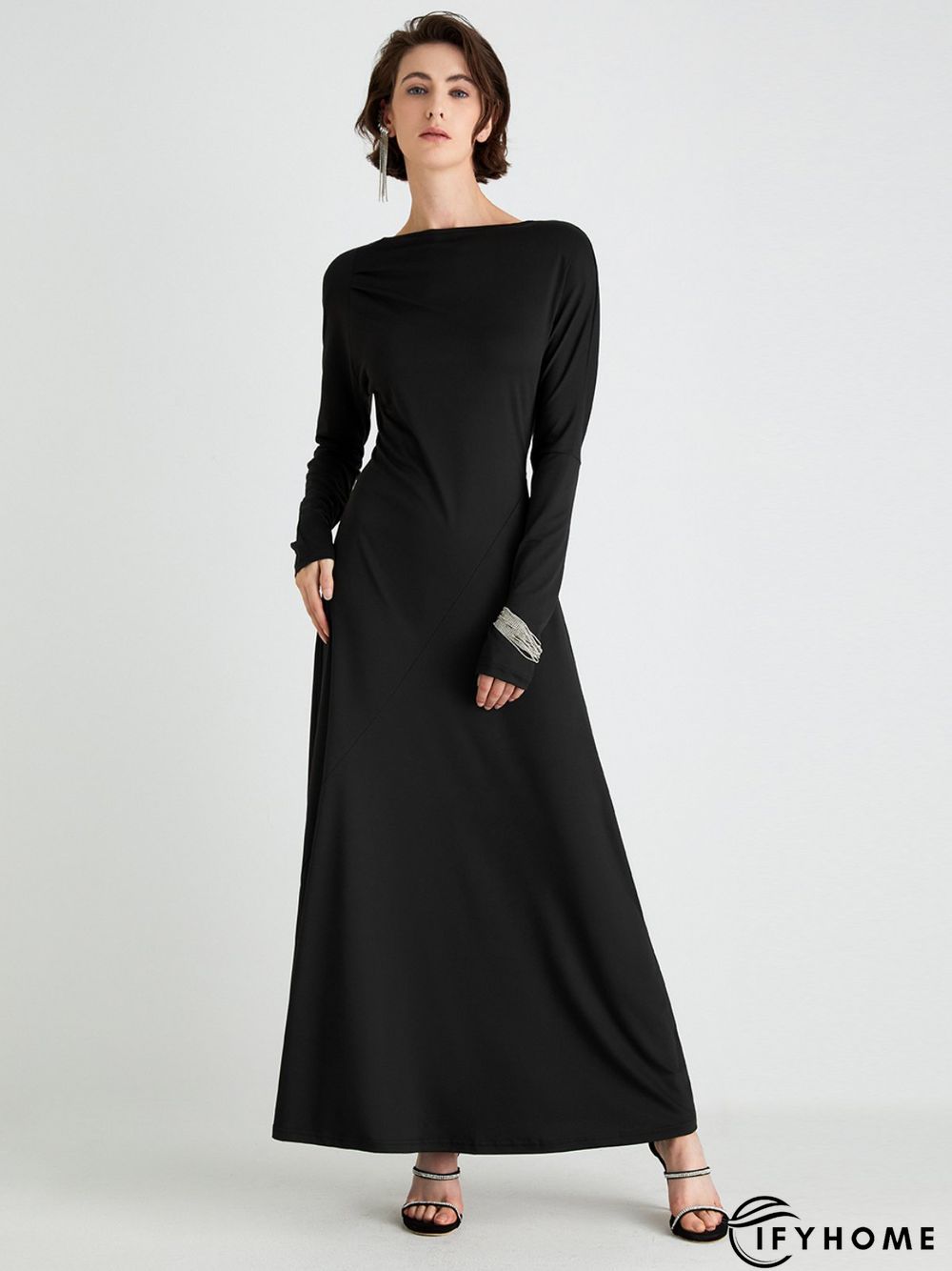 High Elasticity Regular Fit Plain Elegant Long sleeve Long Dress | IFYHOME