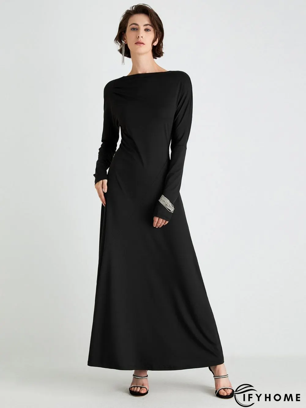 High Elasticity Regular Fit Plain Elegant Long sleeve Long Dress | IFYHOME