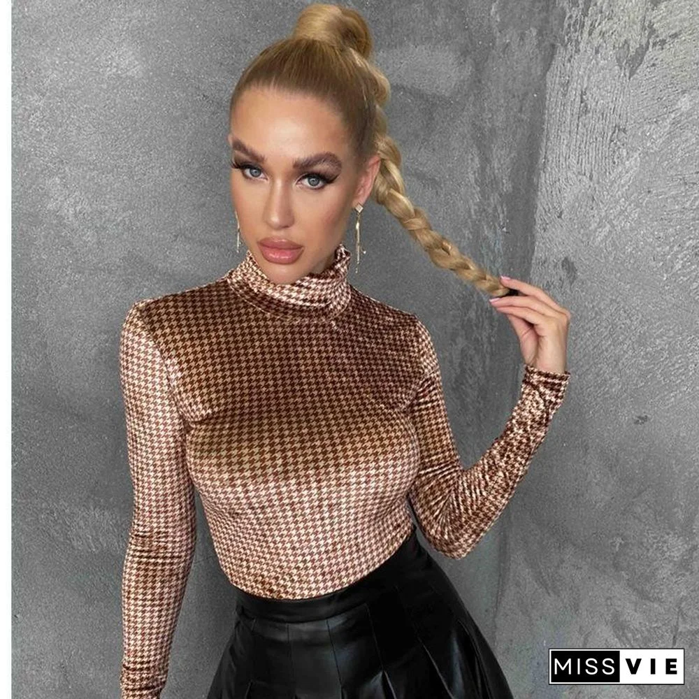 Velvet Plaid Round Neck Pullover Knitted Long Sleeve Top